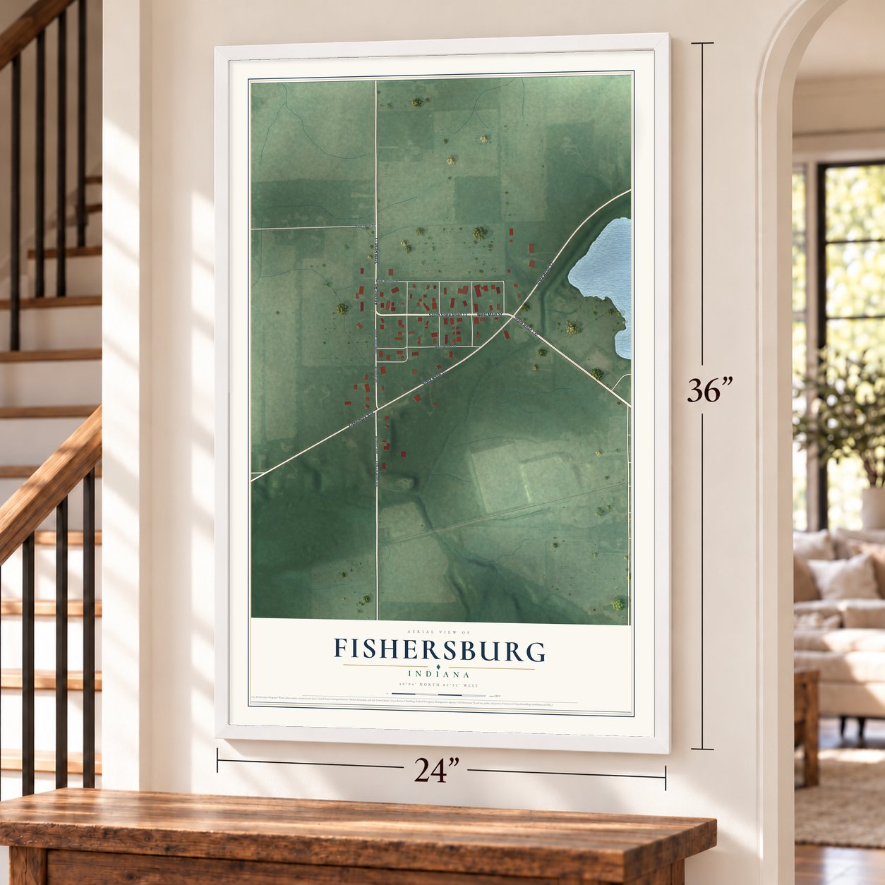Fishersburg, Indiana map, 24 x 36 inch print in a white frame by a staircase
