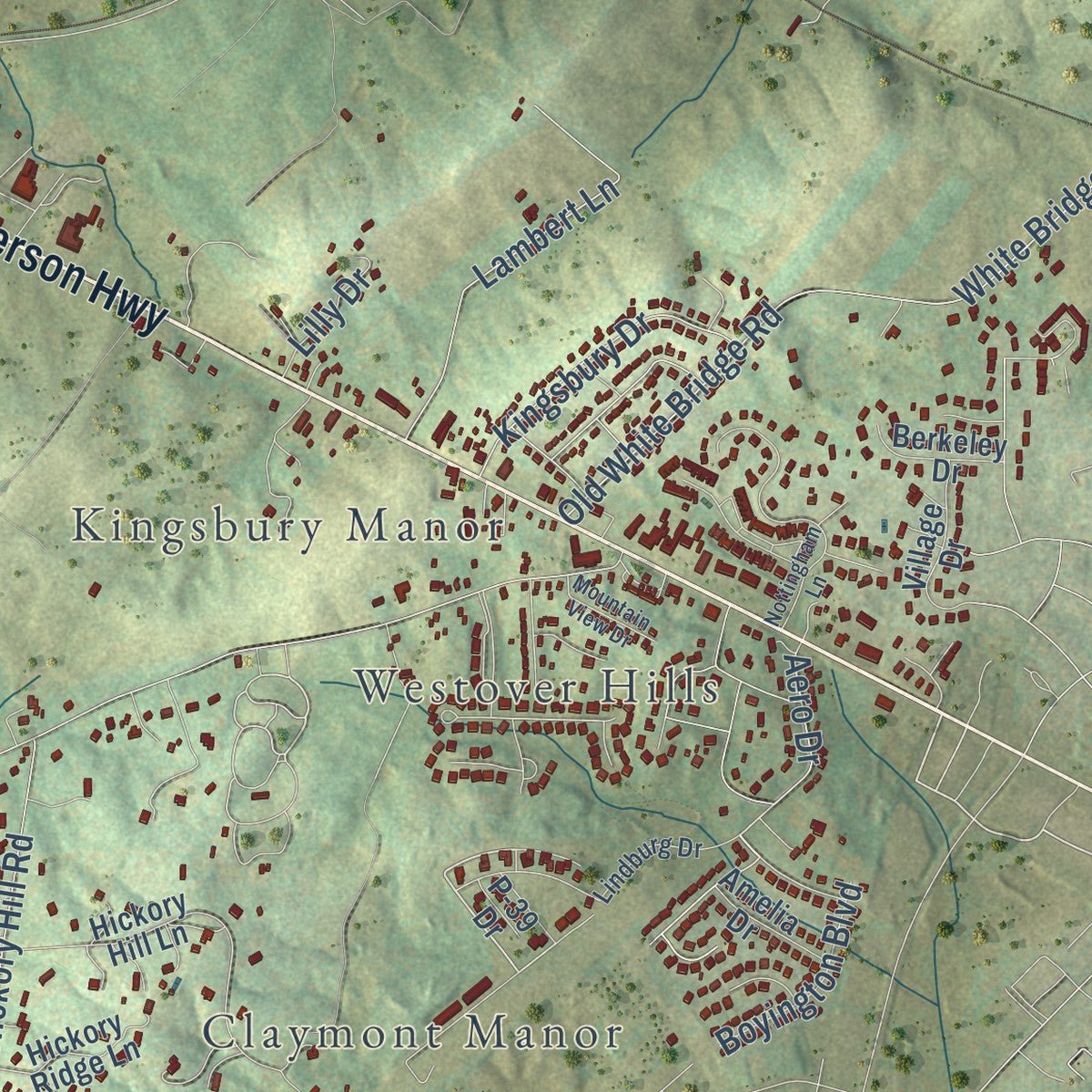 Second close-up of the map of Fishersville, Virginia print showing more streets and buildings