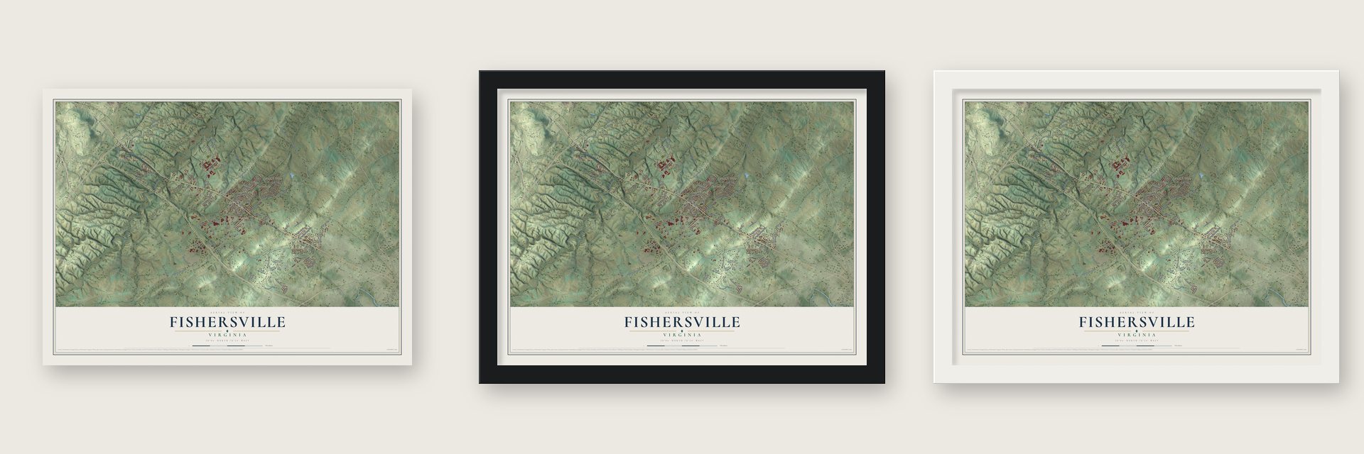 Fishersville, Virginia map unframed, in a black wood frame and in a white wood frame