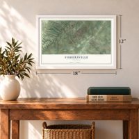 Fishersville, Virginia map, 12 x 18 inch print in a white frame in an entryway