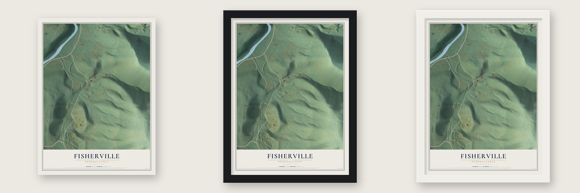 Fisherville, Pennsylvania map unframed, in a black wood frame and in a white wood frame