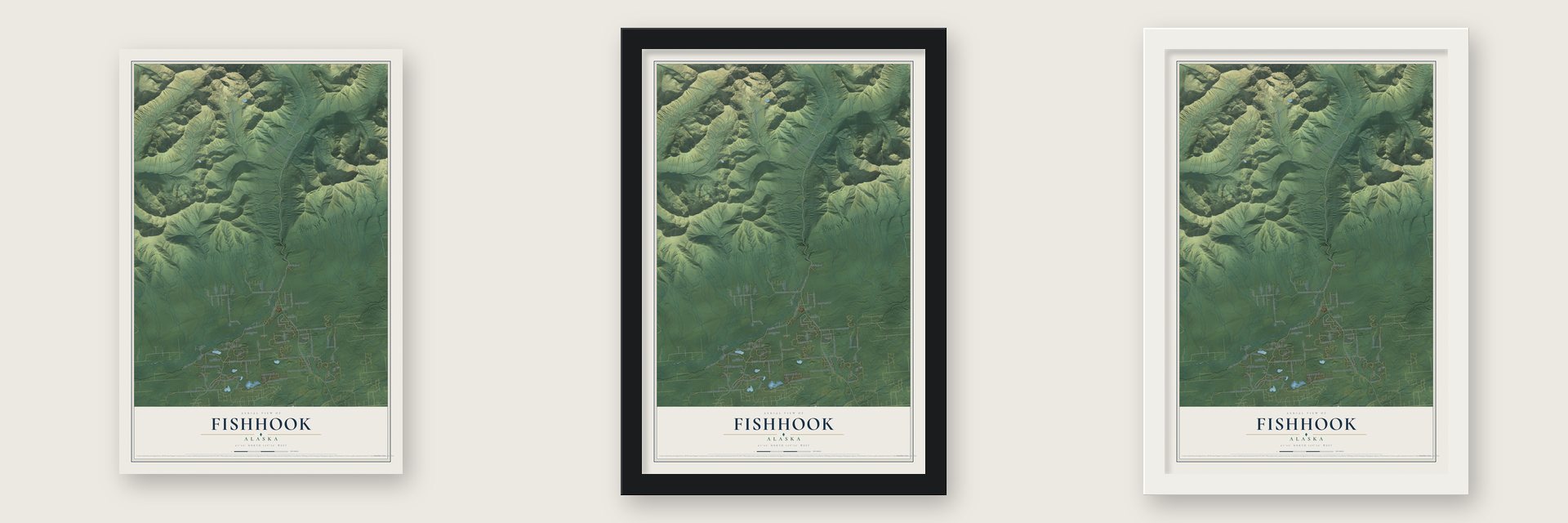 Fishhook, Alaska map unframed, in a black wood frame and in a white wood frame