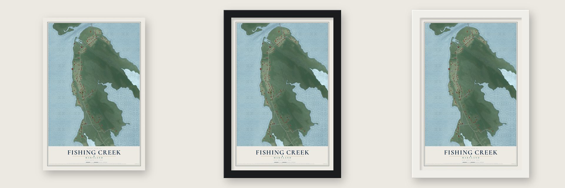 Fishing Creek, Maryland map unframed, in a black wood frame and in a white wood frame