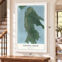 Fishing Creek, Maryland map, 24 x 36 inch print in a white frame by a staircase