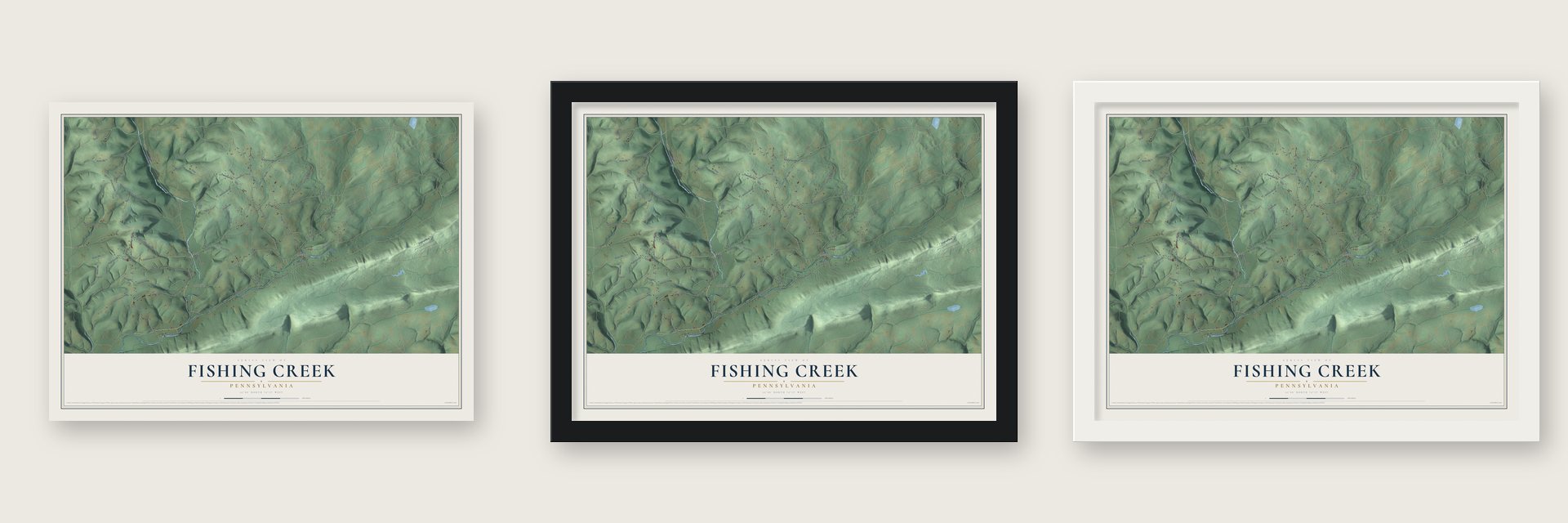 Fishing Creek, Pennsylvania map unframed, in a black wood frame and in a white wood frame