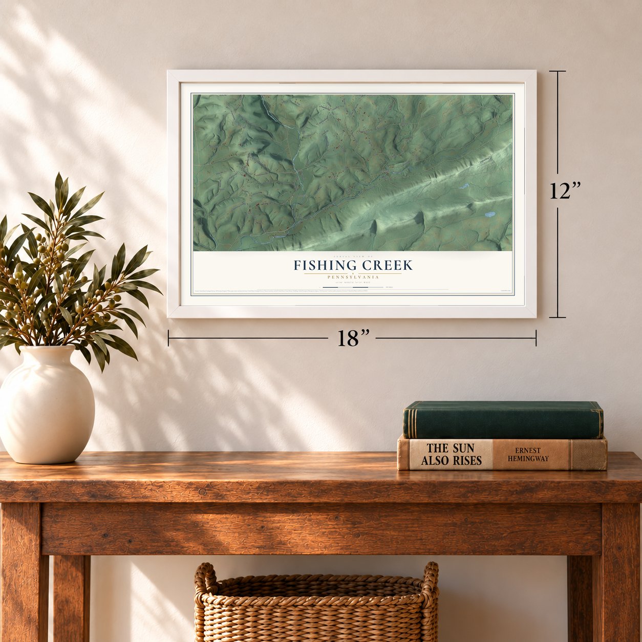 Fishing Creek, Pennsylvania map, 12 x 18 inch print in a white frame in an entryway