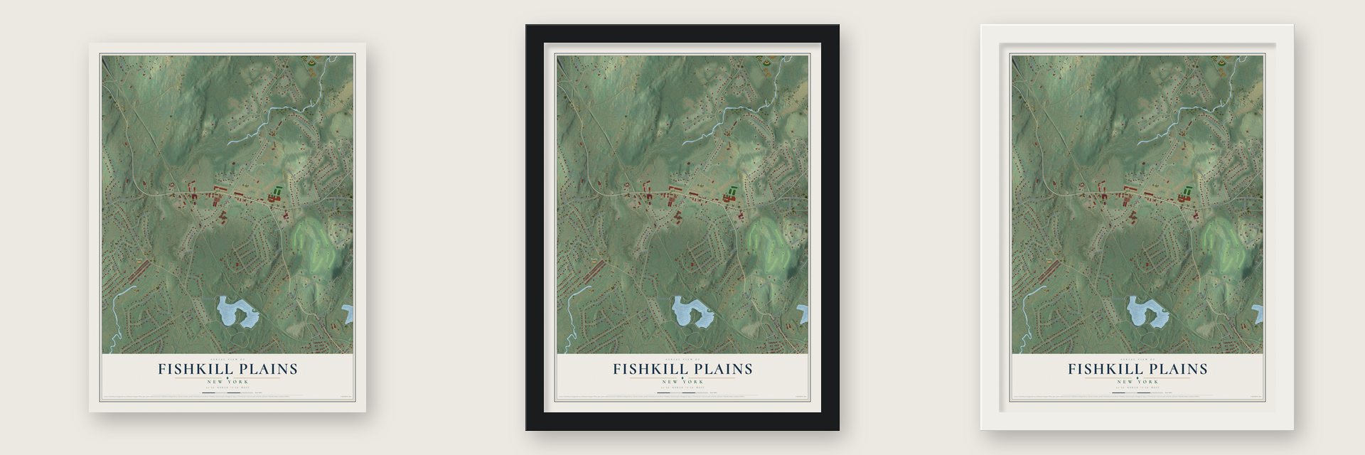 Fishkill Plains, New York map unframed, in a black wood frame and in a white wood frame