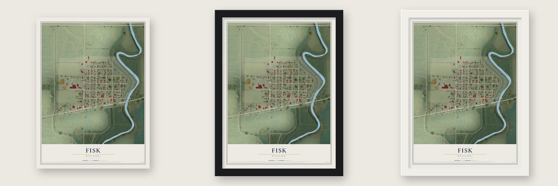 Fisk, Missouri map unframed, in a black wood frame and in a white wood frame