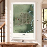 Fisk, Missouri map, 24 x 36 inch print in a white frame by a staircase