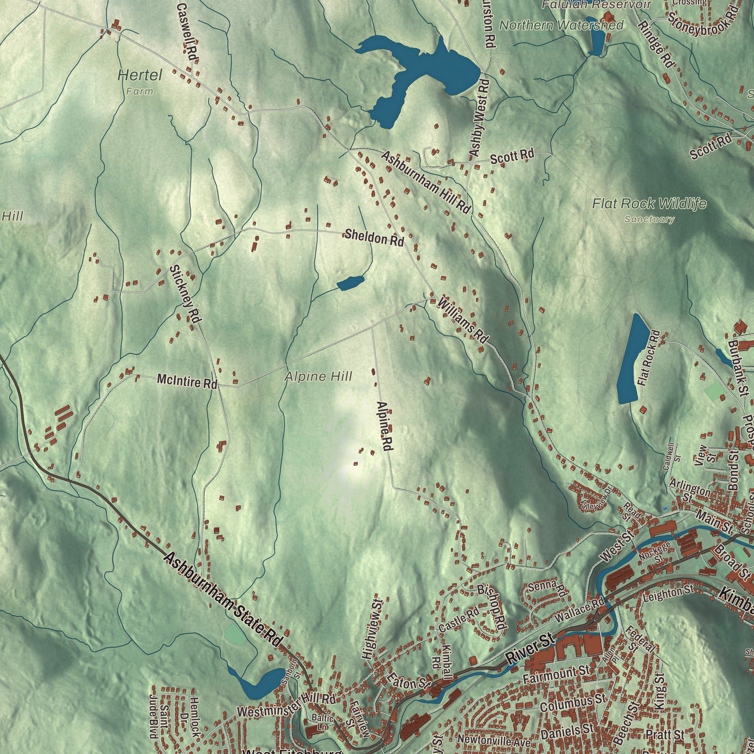 Close-up of the map of Fitchburg, Massachusetts print showing terrain and local geography