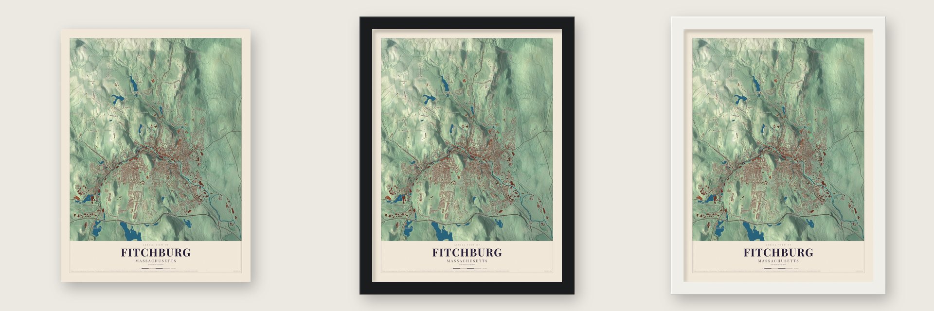 Fitchburg, Massachusetts map unframed, in a black wood frame and in a white wood frame