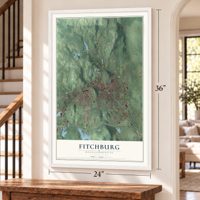 Fitchburg, Massachusetts map, 24 x 36 inch print in a white frame by a staircase