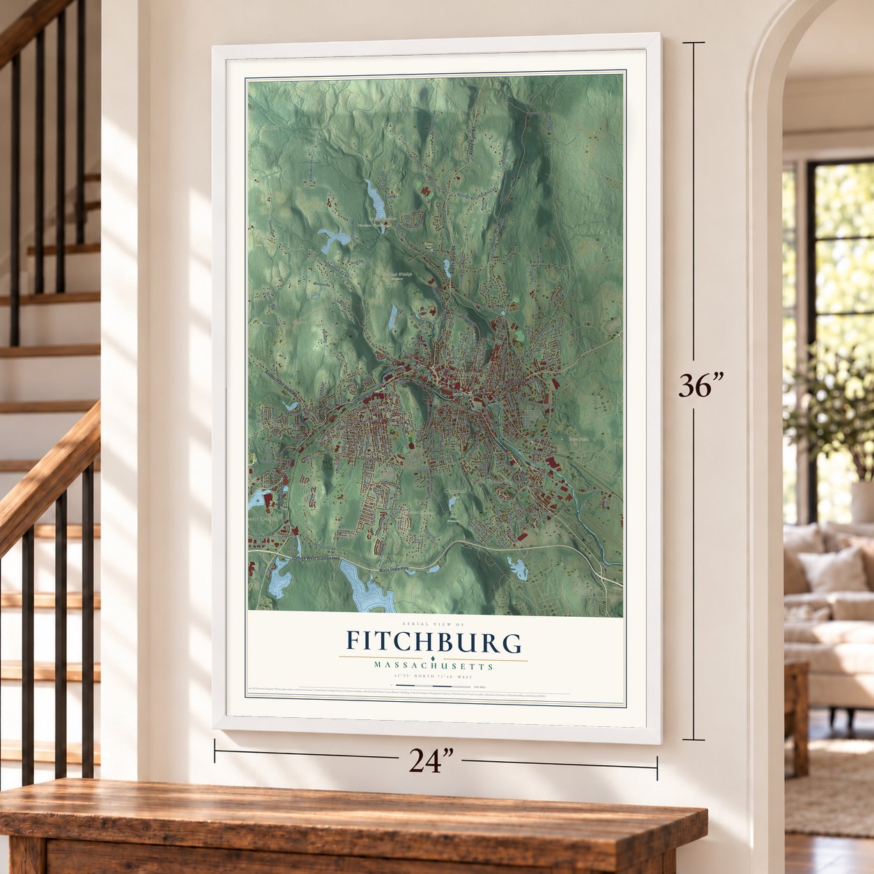 Fitchburg, Massachusetts map, 24 x 36 inch print in a white frame by a staircase