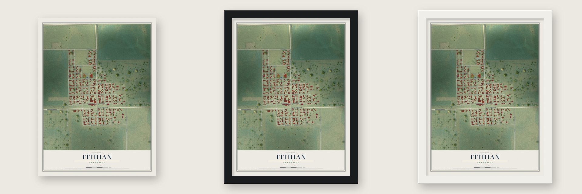 Fithian, Illinois map unframed, in a black wood frame and in a white wood frame