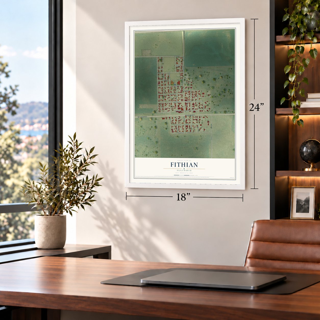 Fithian, Illinois map, 18 x 24 inch print in a white frame in a home office