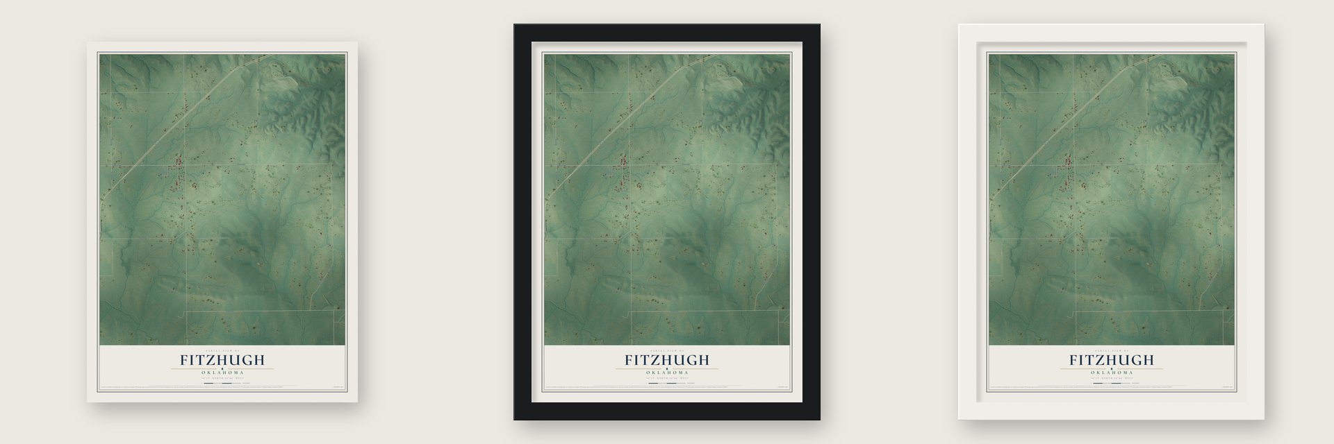 Fitzhugh, Oklahoma map unframed, in a black wood frame and in a white wood frame
