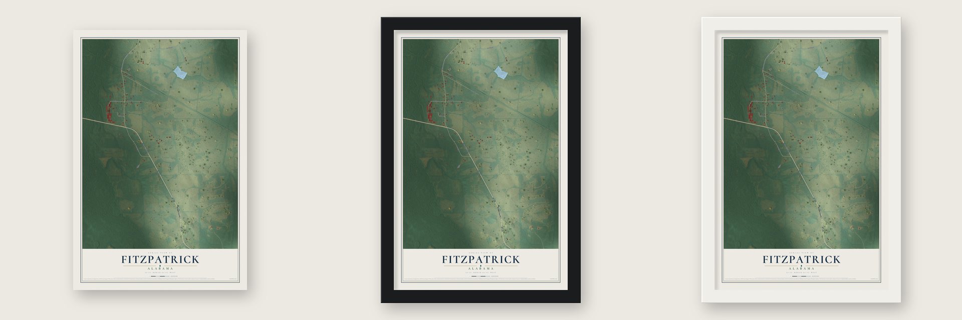 Fitzpatrick, Alabama map unframed, in a black wood frame and in a white wood frame