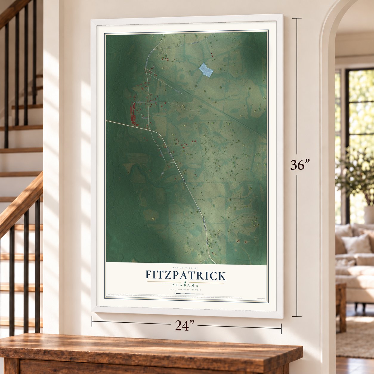 Fitzpatrick, Alabama map, 24 x 36 inch print in a white frame by a staircase