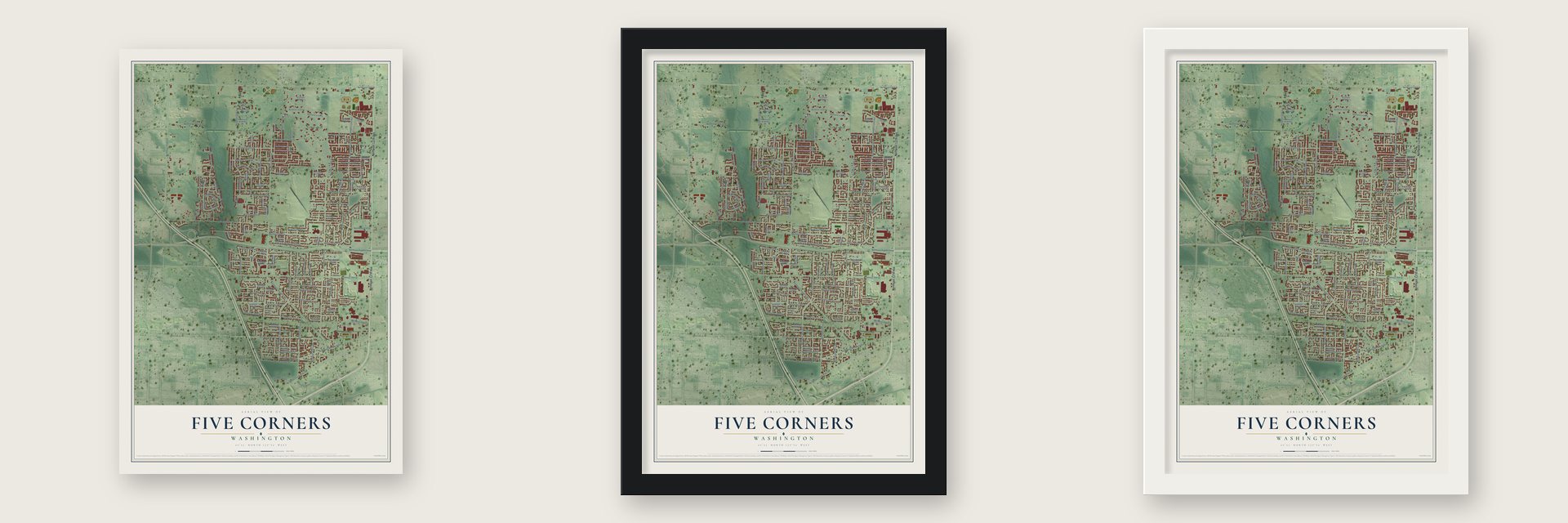 Five Corners, Washington map unframed, in a black wood frame and in a white wood frame