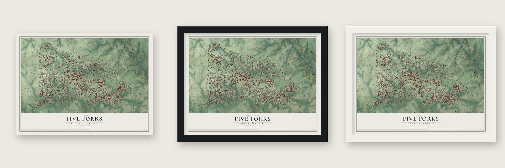 Five Forks, South Carolina map unframed, in a black wood frame and in a white wood frame