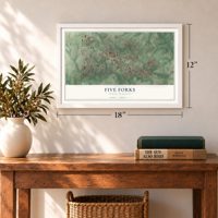 Five Forks, South Carolina map, 12 x 18 inch print in a white frame in an entryway
