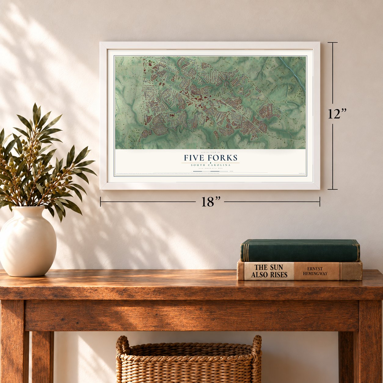 Five Forks, South Carolina map, 12 x 18 inch print in a white frame in an entryway