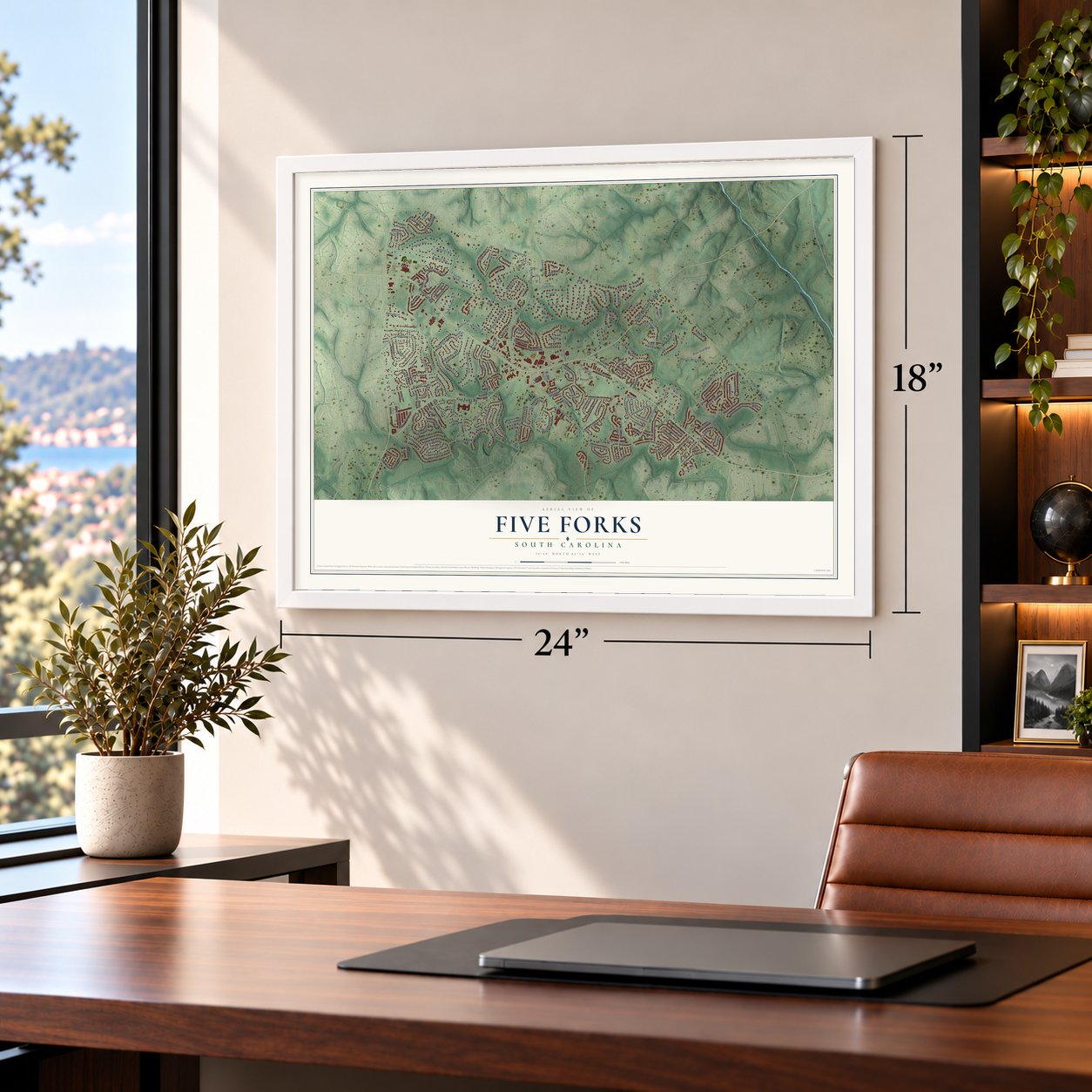 Five Forks, South Carolina map, 18 x 24 inch print in a white frame in a home office