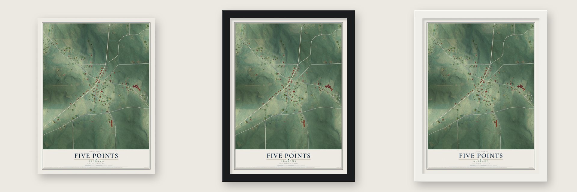 Five Points, Alabama map unframed, in a black wood frame and in a white wood frame