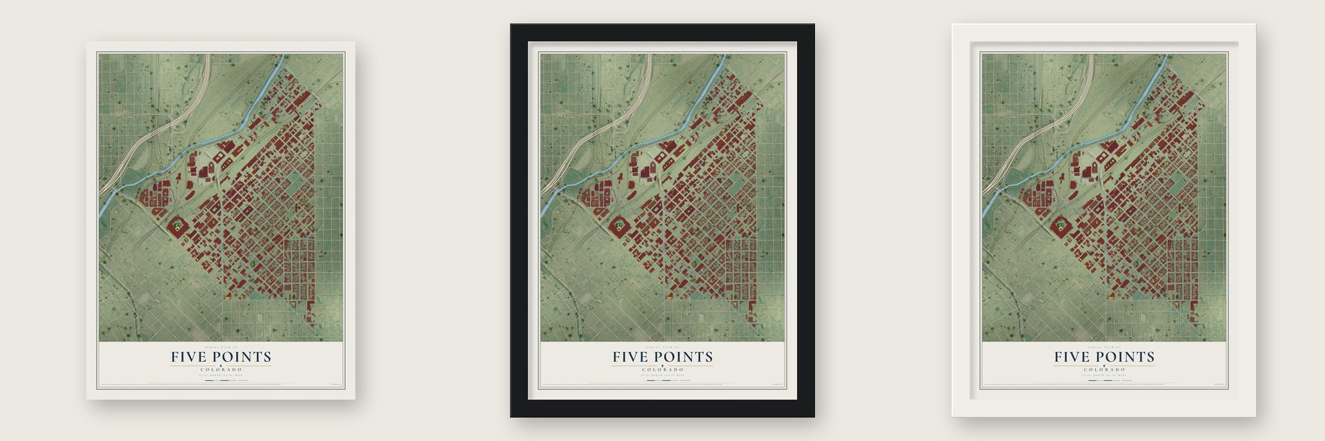 Five Points, Colorado map unframed, in a black wood frame and in a white wood frame
