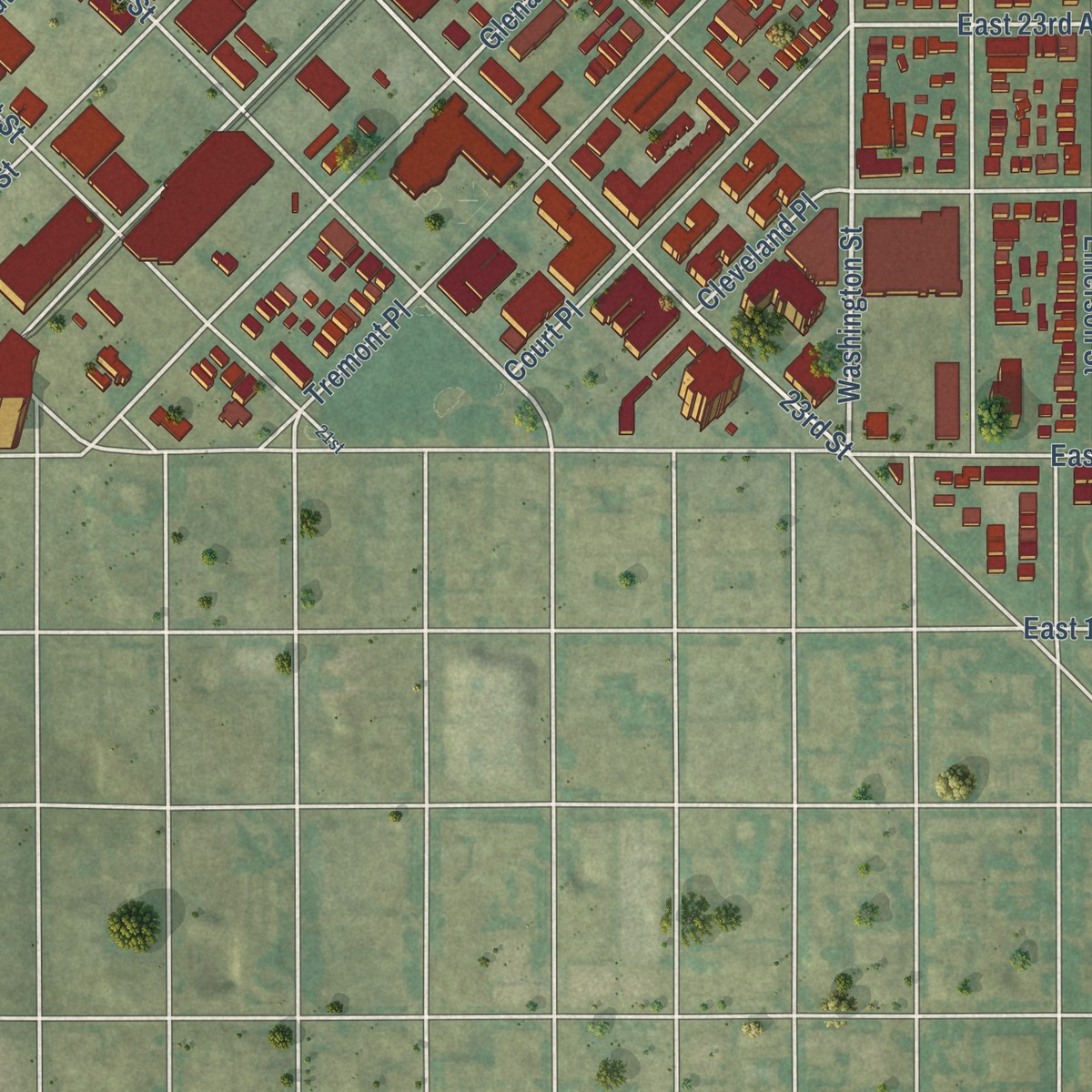 Second close-up of the map of Five Points, Colorado print showing more streets and buildings