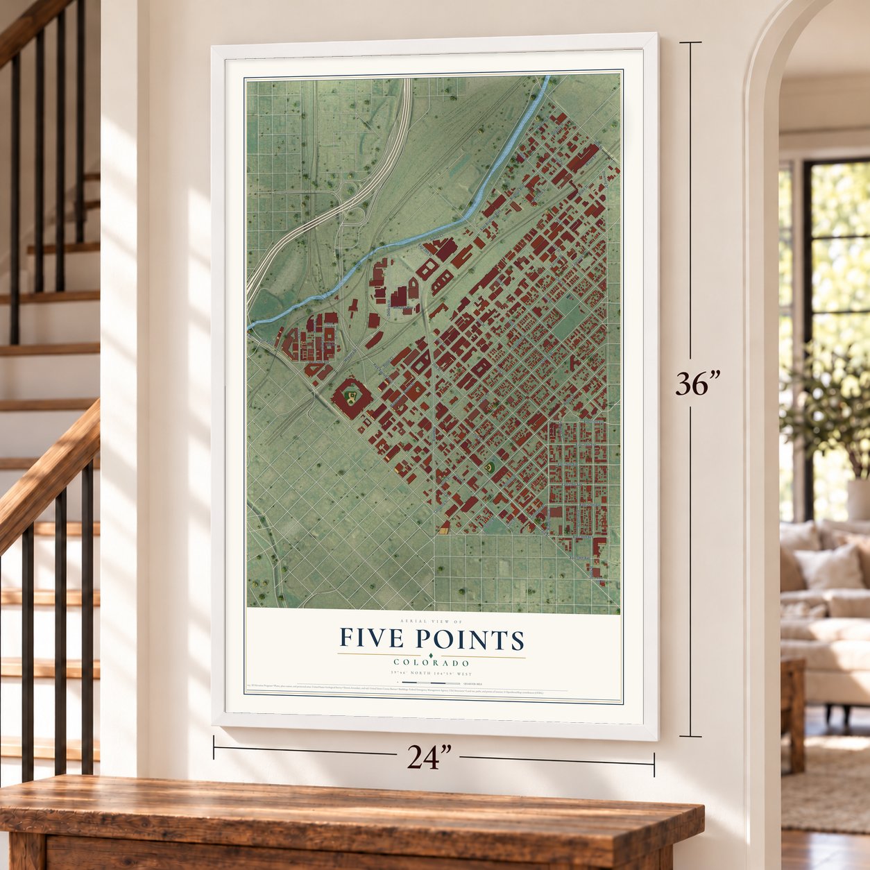 Five Points, Colorado map, 24 x 36 inch print in a white frame by a staircase