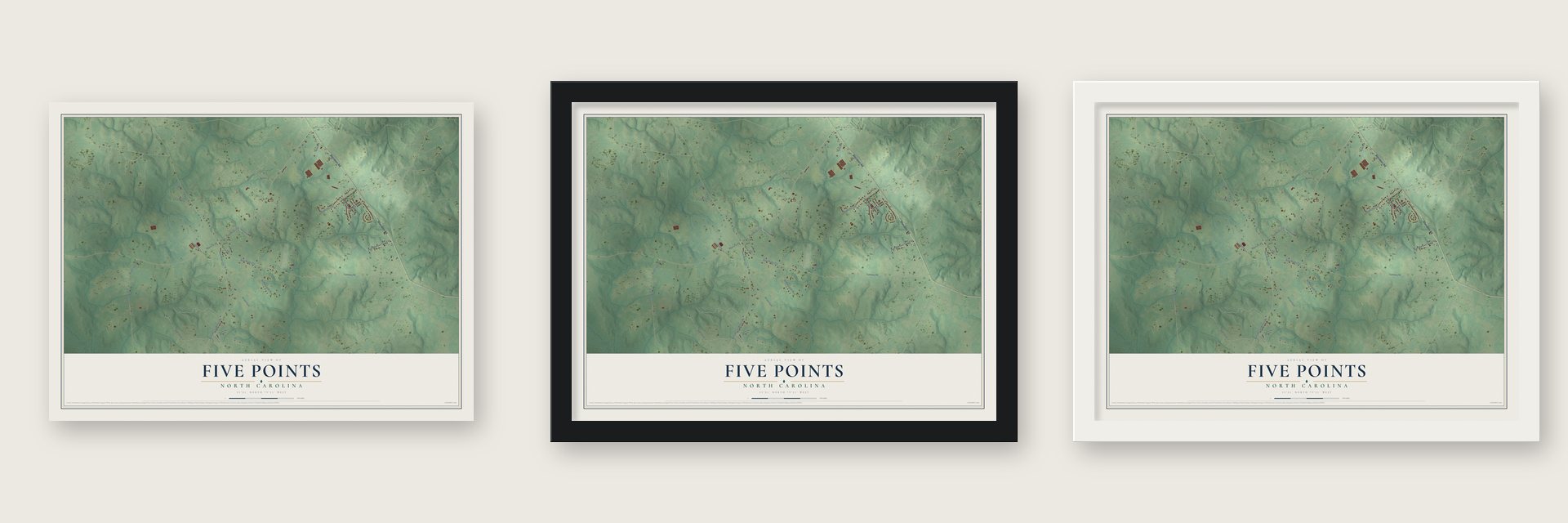 Five Points, North Carolina map unframed, in a black wood frame and in a white wood frame