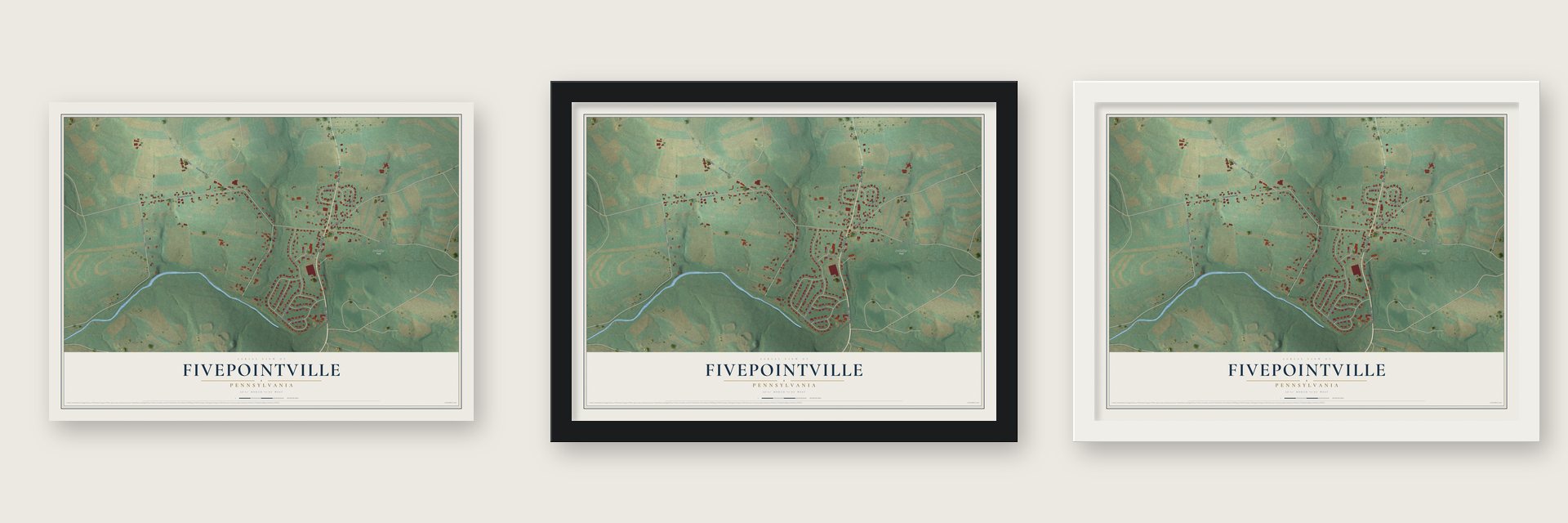 Fivepointville, Pennsylvania map unframed, in a black wood frame and in a white wood frame