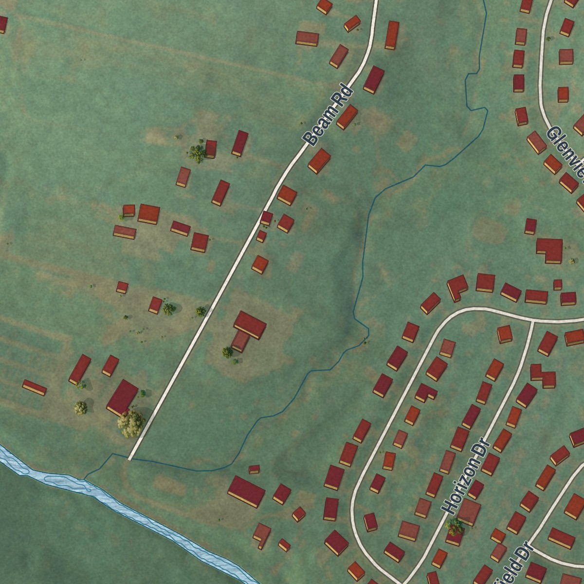 Second close-up of the map of Fivepointville, Pennsylvania print showing more streets and buildings