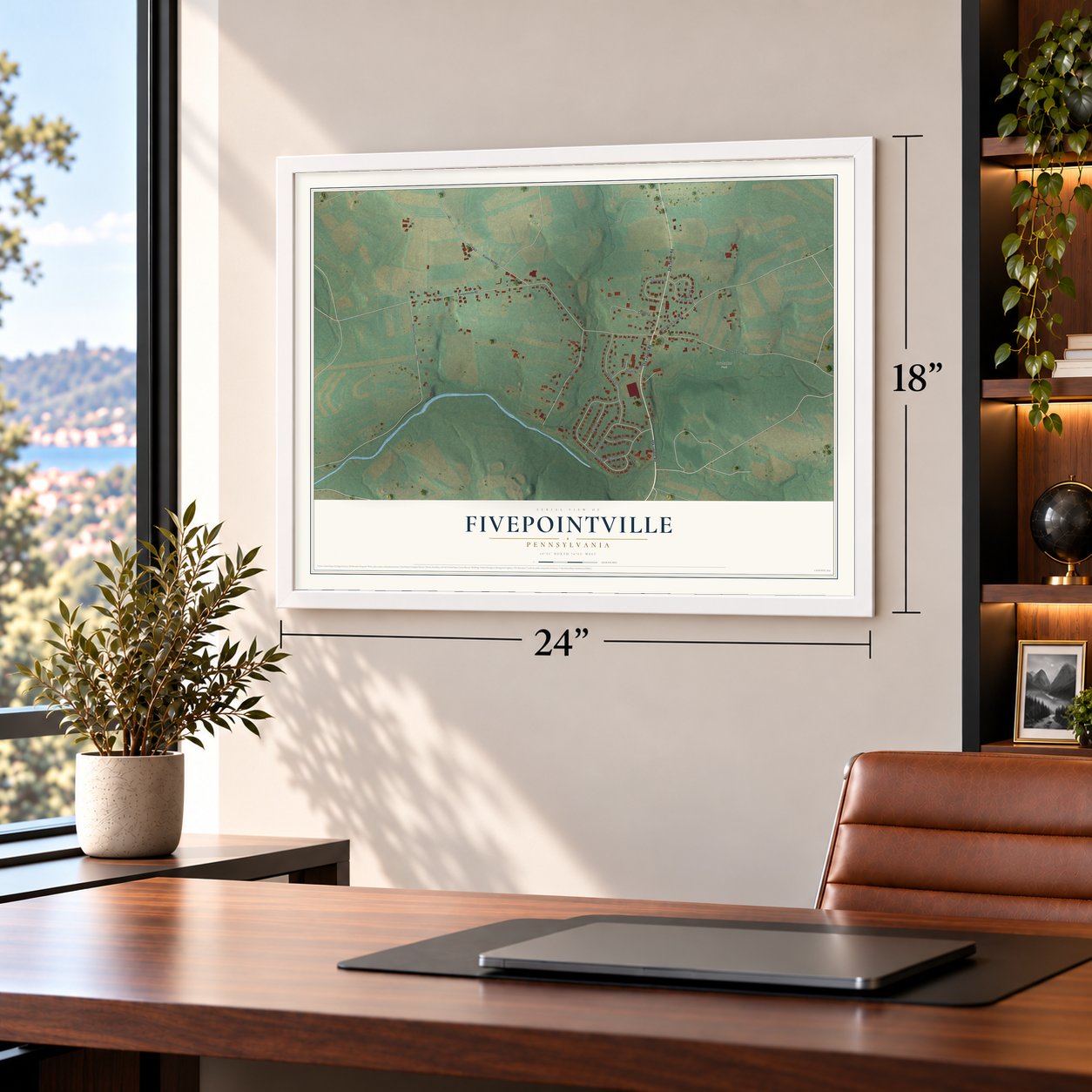 Fivepointville, Pennsylvania map, 18 x 24 inch print in a white frame in a home office