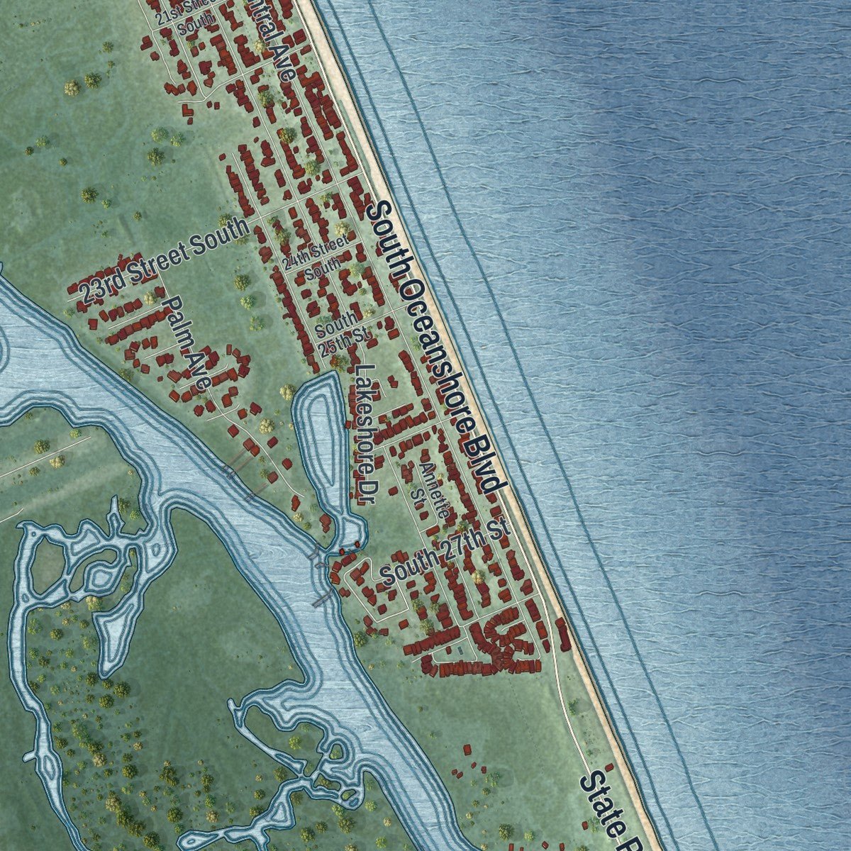 Second close-up of the map of Flagler Beach, Florida print showing more streets and buildings