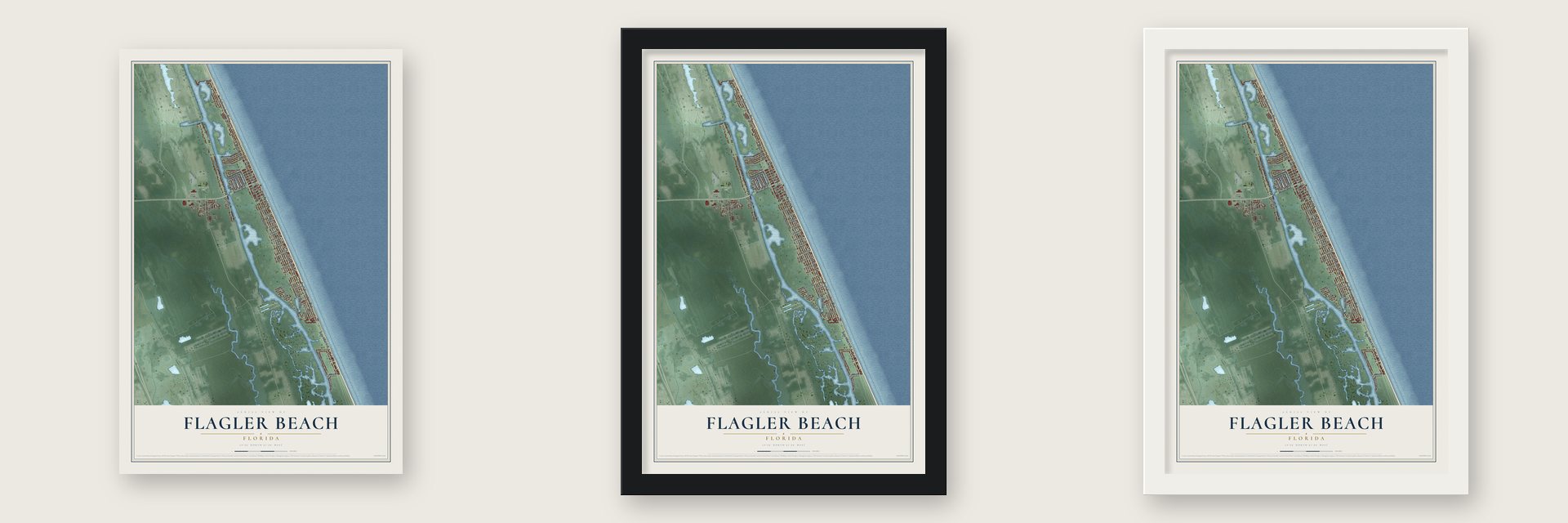 Flagler Beach, Florida map unframed, in a black wood frame and in a white wood frame