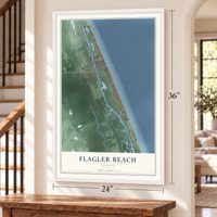 Flagler Beach, Florida map, 24 x 36 inch print in a white frame by a staircase
