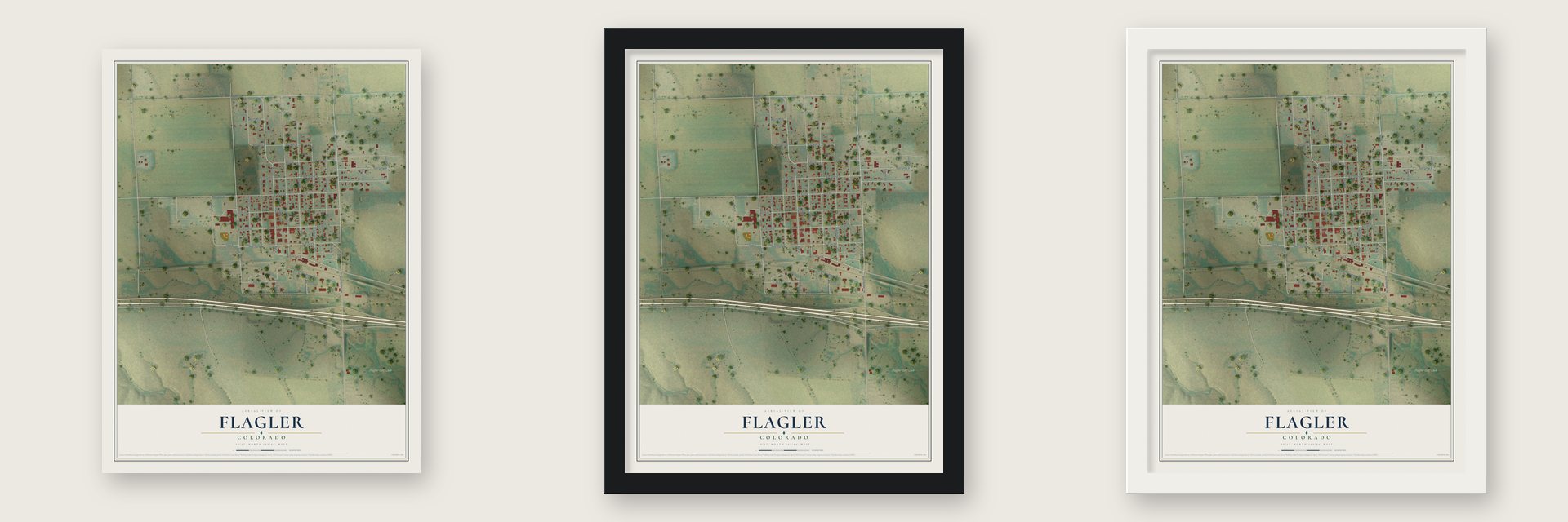 Flagler, Colorado map unframed, in a black wood frame and in a white wood frame