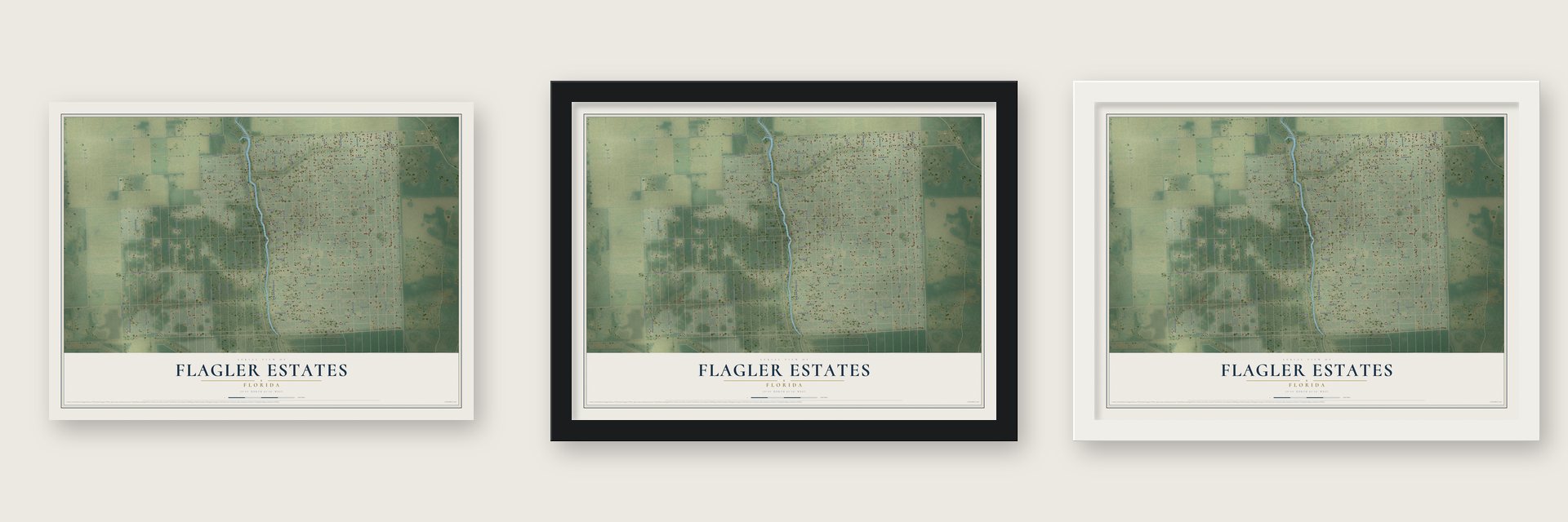 Flagler Estates, Florida map unframed, in a black wood frame and in a white wood frame
