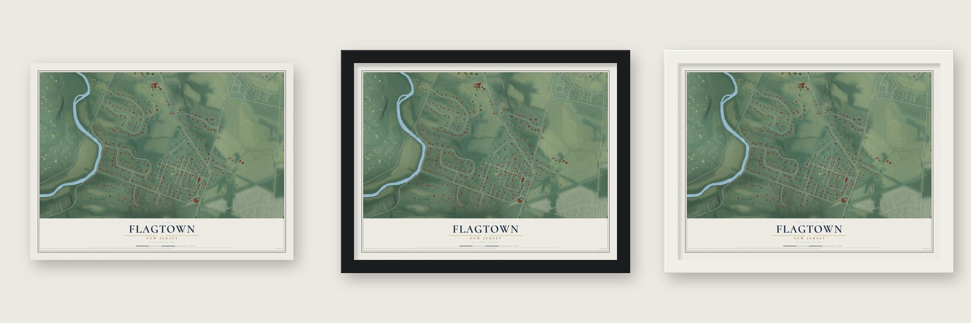 Flagtown, New Jersey map unframed, in a black wood frame and in a white wood frame