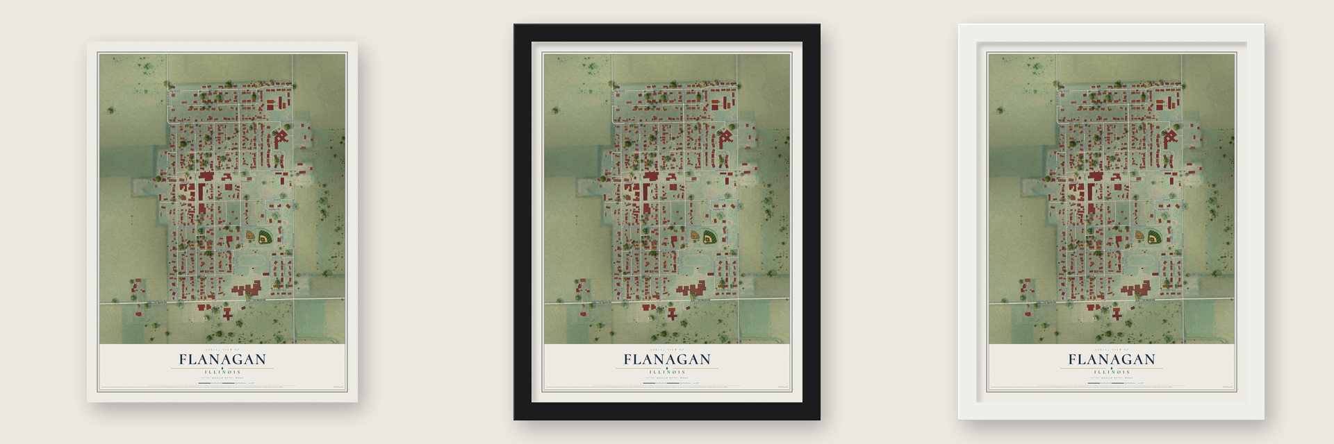 Flanagan, Illinois map unframed, in a black wood frame and in a white wood frame