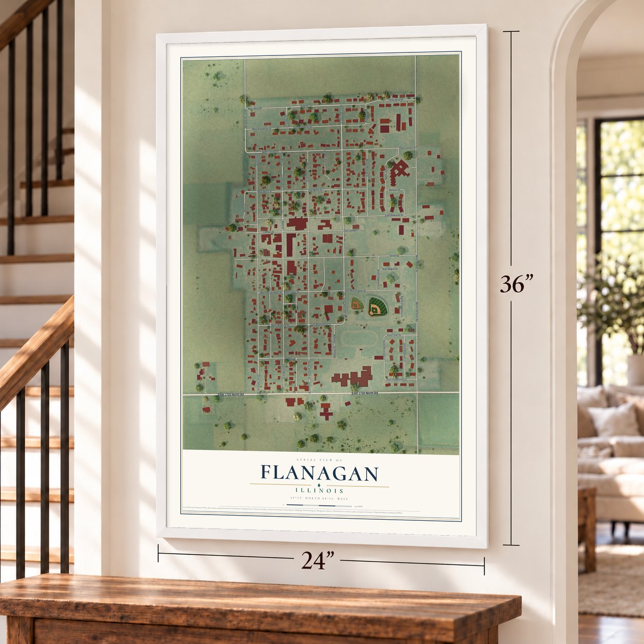 Flanagan, Illinois map, 24 x 36 inch print in a white frame by a staircase