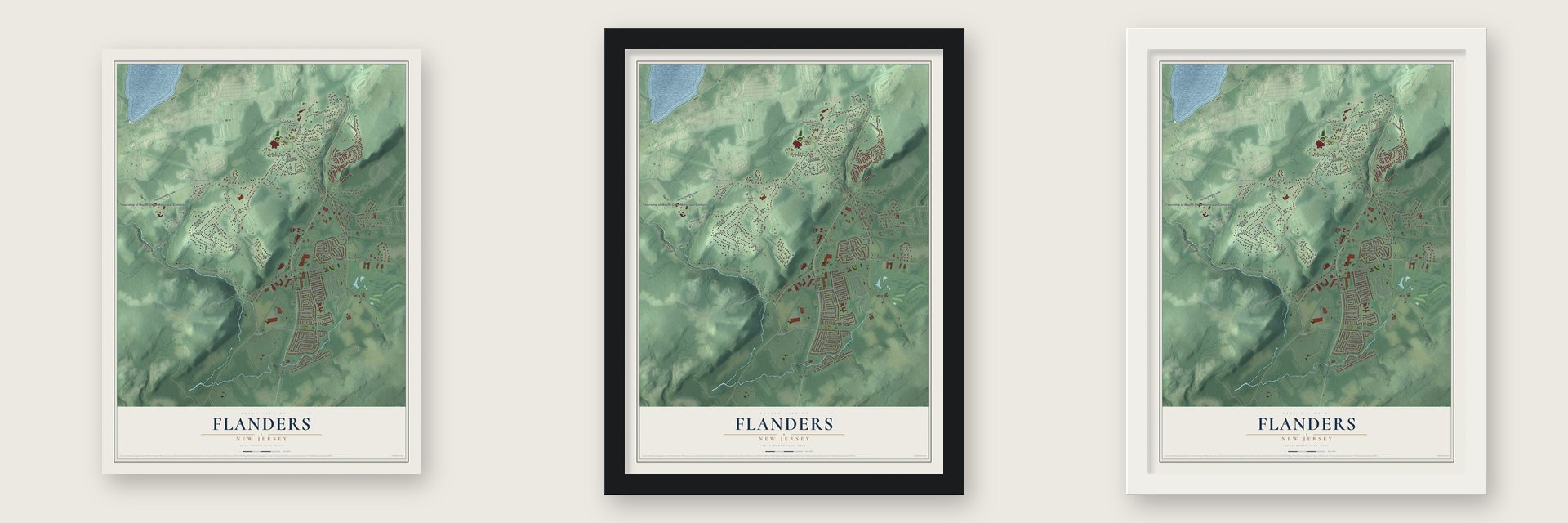Flanders, New Jersey map unframed, in a black wood frame and in a white wood frame
