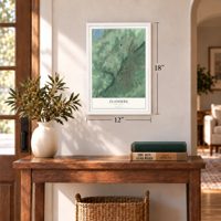 Flanders, New Jersey map, 12 x 18 inch print in a white frame in an entryway
