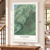 Flanders, New Jersey map, 24 x 36 inch print in a white frame by a staircase