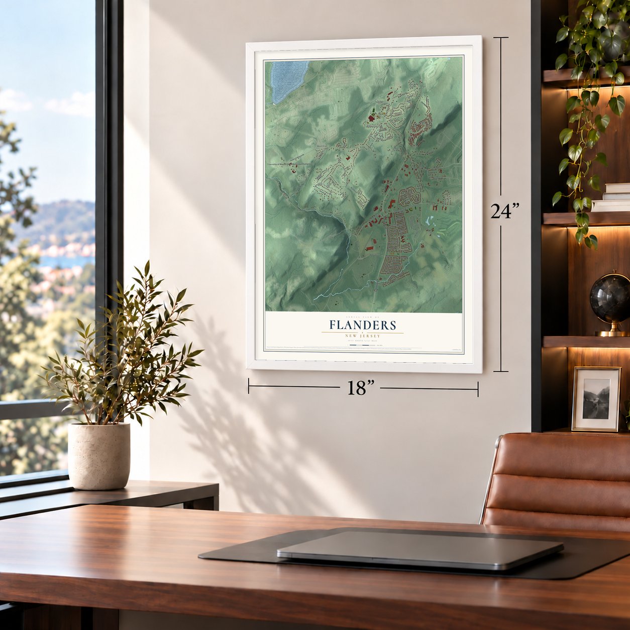 Flanders, New Jersey map, 18 x 24 inch print in a white frame in a home office