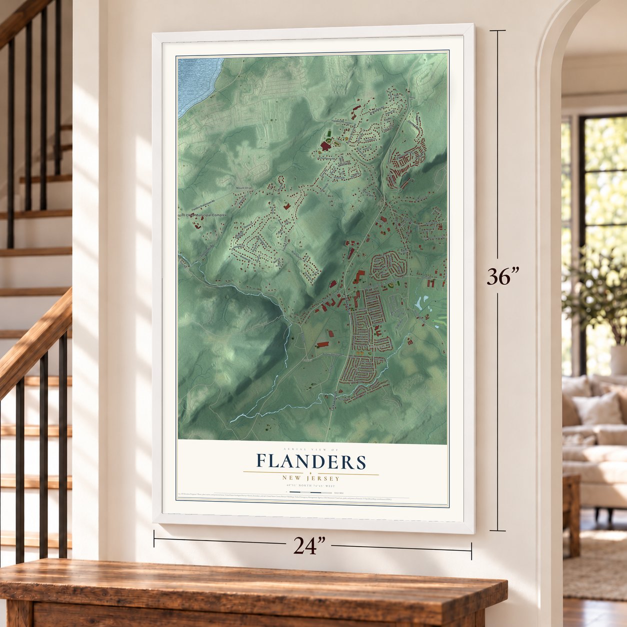 Flanders, New Jersey map, 24 x 36 inch print in a white frame by a staircase