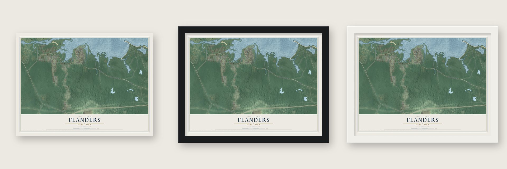 Flanders, New York map unframed, in a black wood frame and in a white wood frame