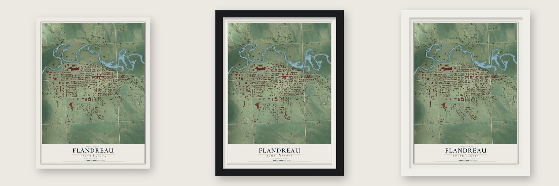 Flandreau, South Dakota map unframed, in a black wood frame and in a white wood frame